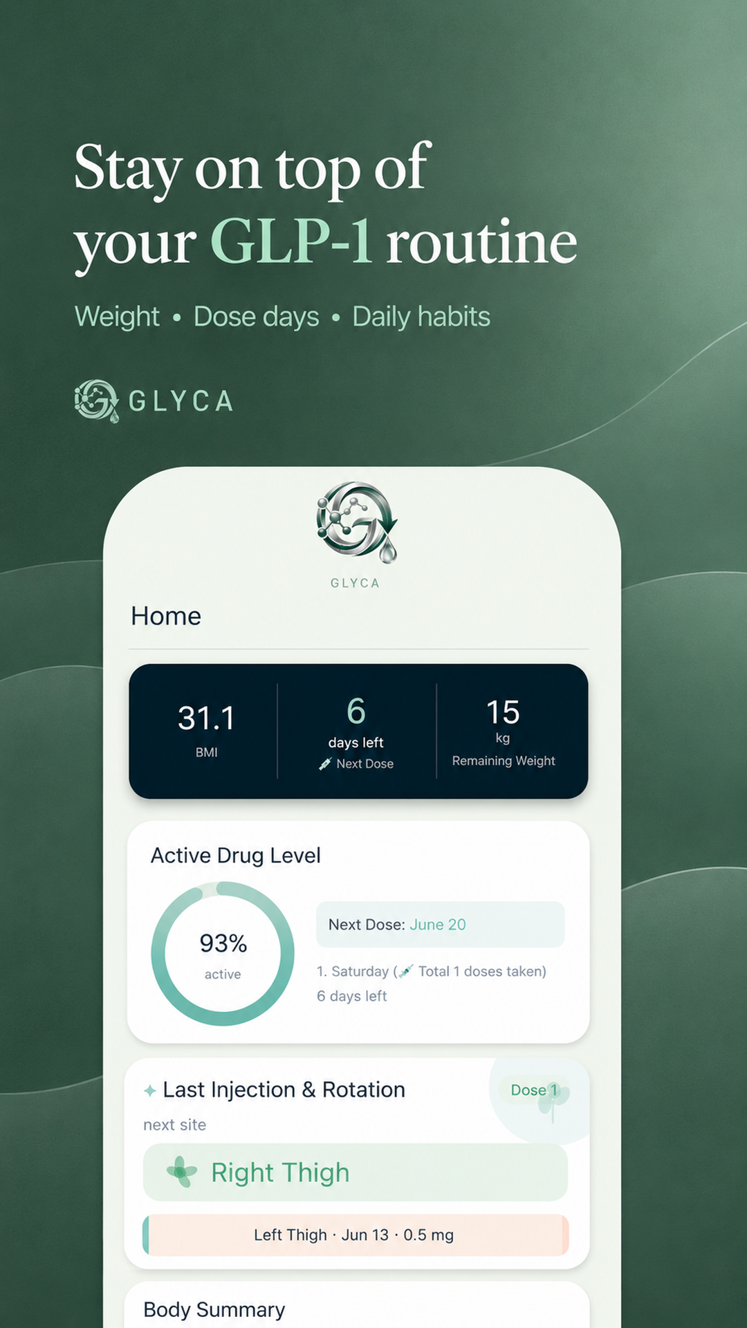 Glyca home screen with daily routine overview