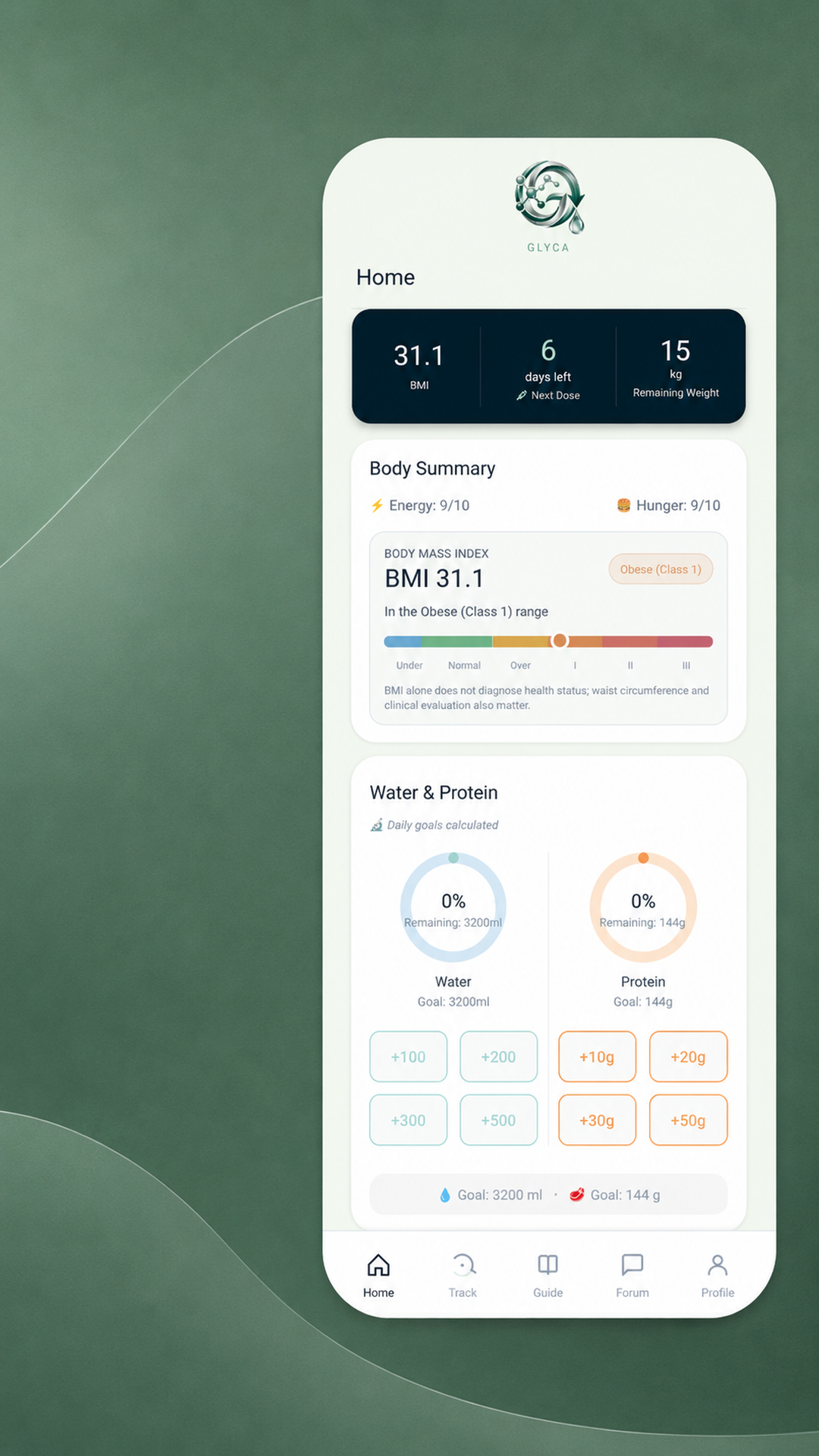 Glyca body summary screen with water and protein tracking