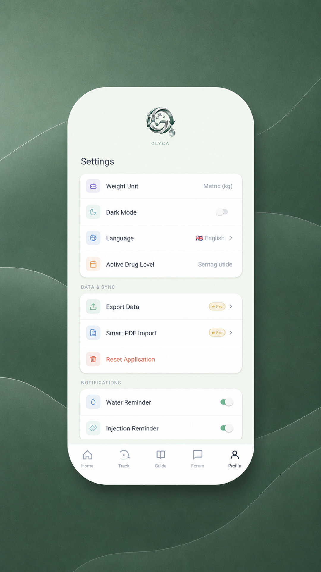 Glyca settings and tools screen